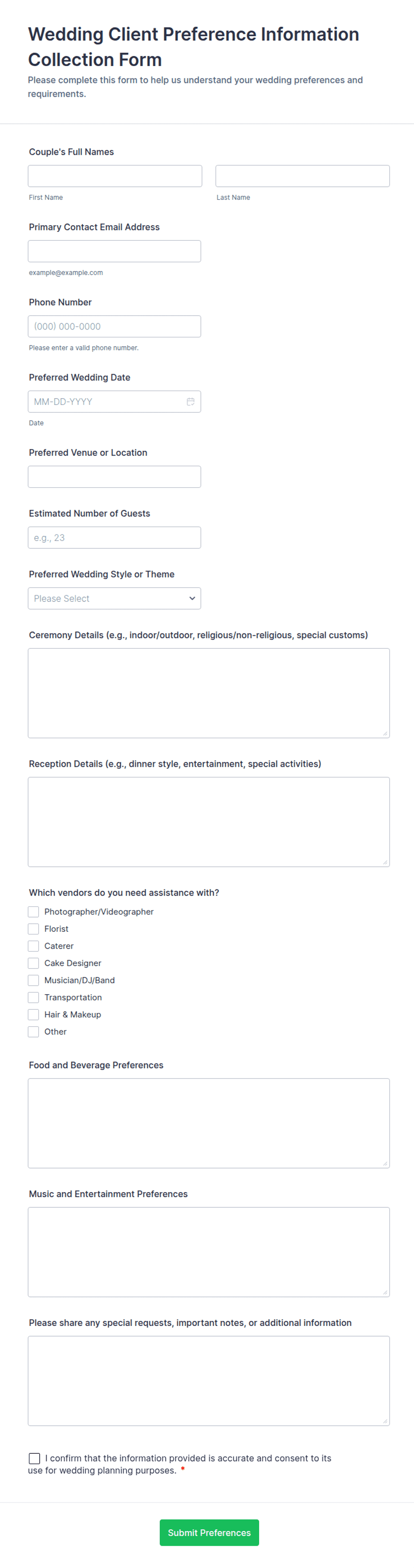 Wedding Client Preference Information Collection Form Template | Jotform