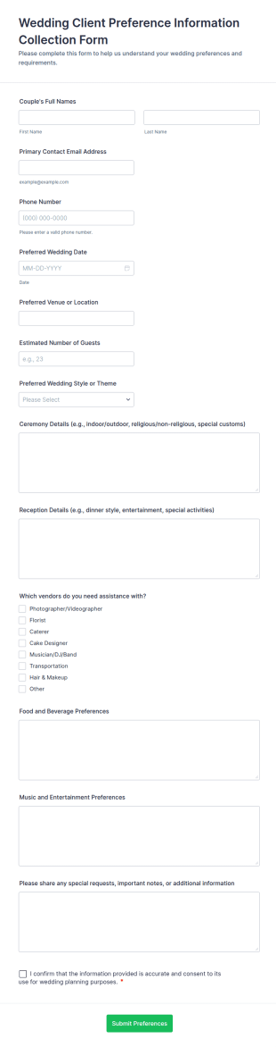 Wedding Client Preference Information Collection Form Template