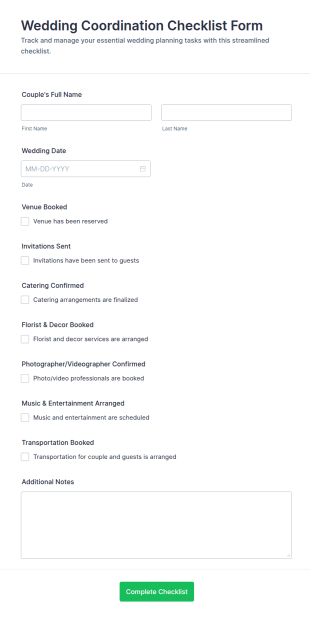 Wedding Coordination Checklist Form Template