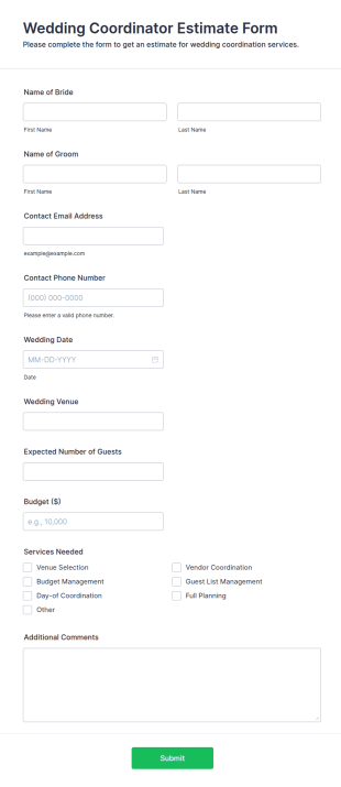 Wedding Coordinator Estimate Form Template