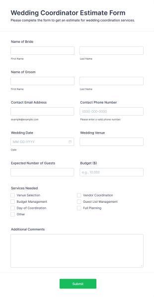 Wedding Coordinator Estimate Form Template
