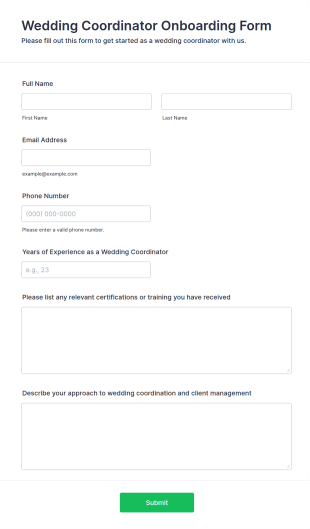 Wedding Coordinator Onboarding Form Template