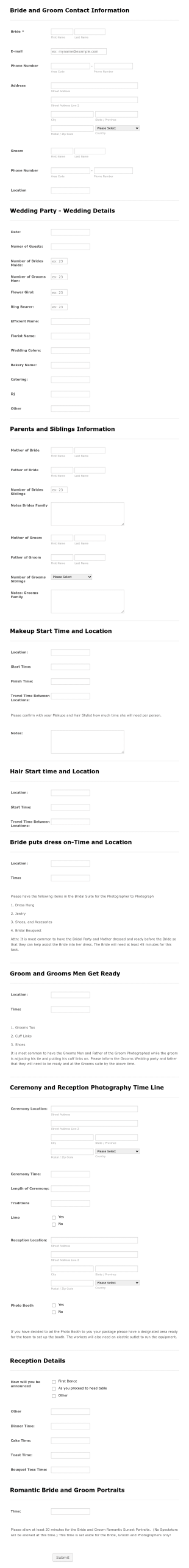 Wedding Day Photography Planner Form Template