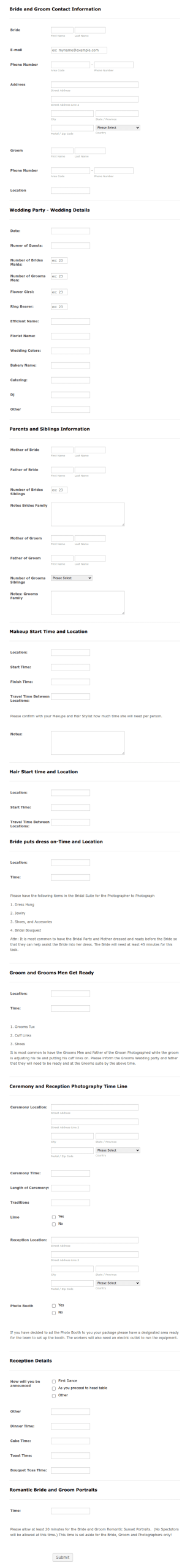 Wedding Day Photography Planner Form Template