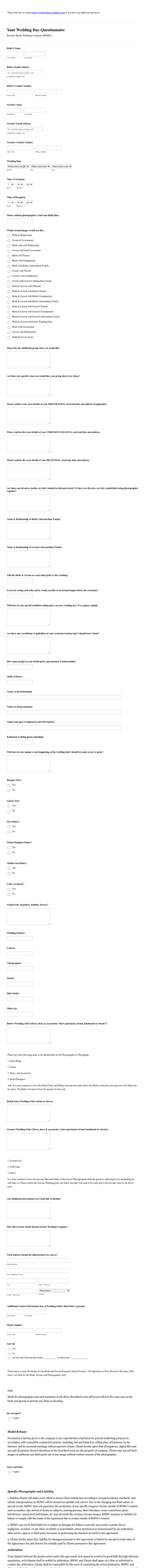 Wedding Day Questionnaire RHWC Updated Form Template