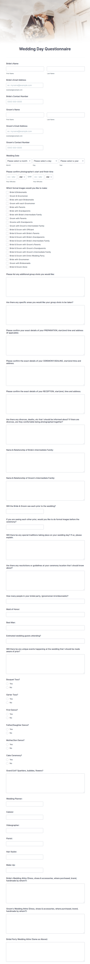 Wedding Day Questionnaire Form Template