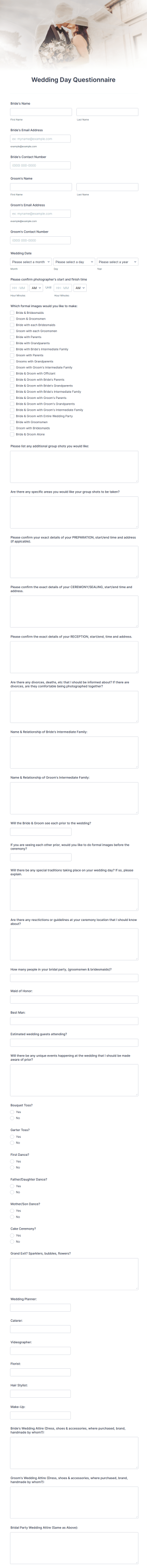 Wedding Day Questionnaire Form Template