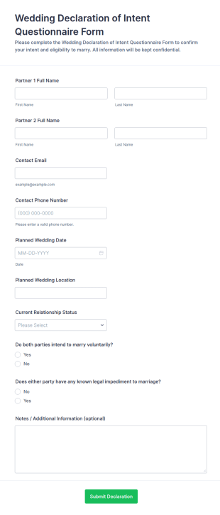 Wedding Declaration Of Intent Questionnaire Form Template