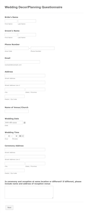 Wedding Decor/Planning Questionnaire Form Template