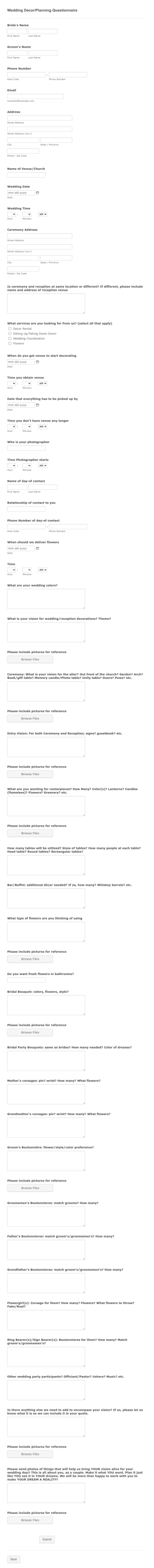 Wedding Decor And Planning Questionnaire Template