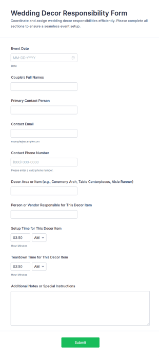 Wedding Decor Responsibility Form Template