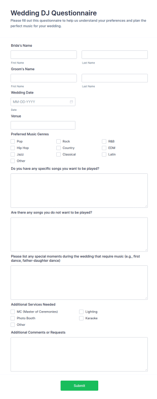 Wedding DJ Questionnaire Form Template