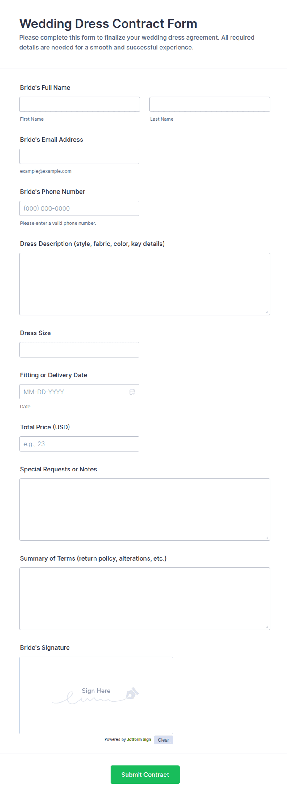 Wedding Dress Contract Form Template | Jotform