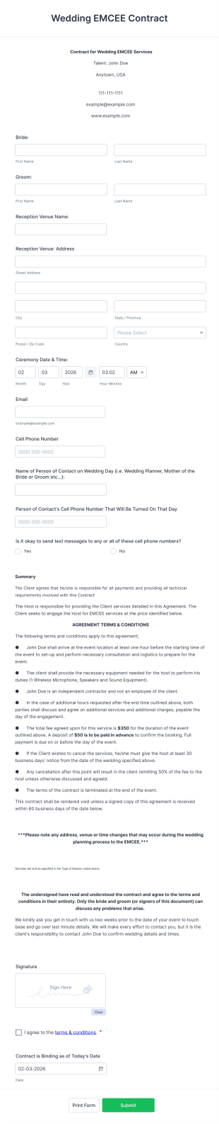 Wedding EMCEE Contract Form Template
