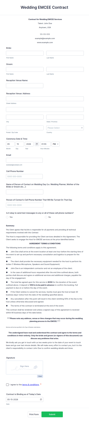 Wedding EMCEE Contract Form Template