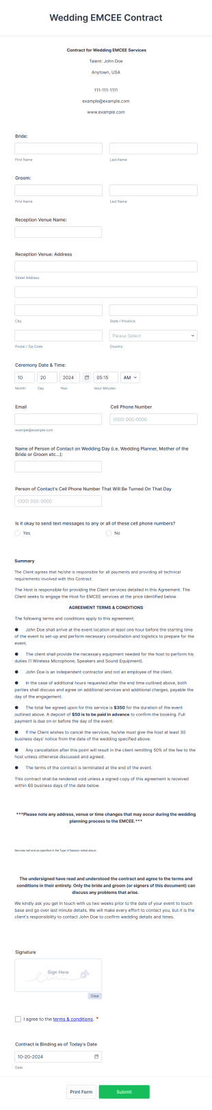 Wedding EMCEE Contract Form Template