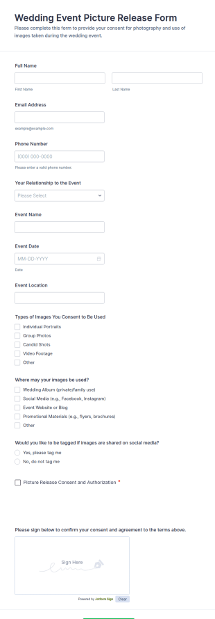 Wedding Event Picture Release Form Template