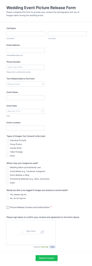 Wedding Event Picture Release Form Template
