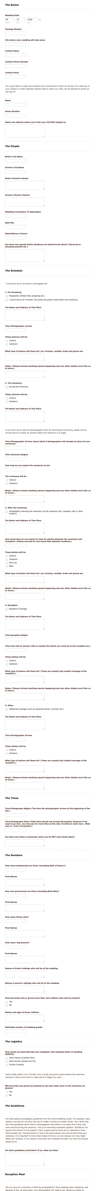 Wedding Event Plan Questionnaire Form Template