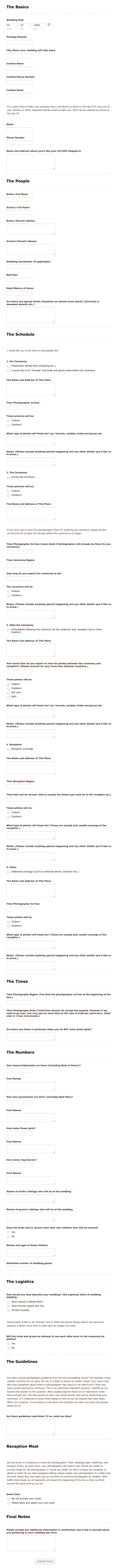 Wedding Event Plan Questionnaire Form Template