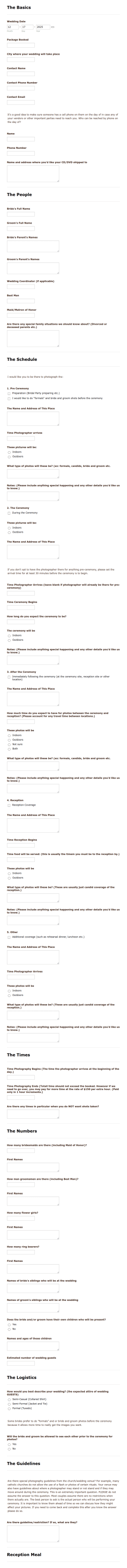 Wedding Event Plan Questionnaire Form Template