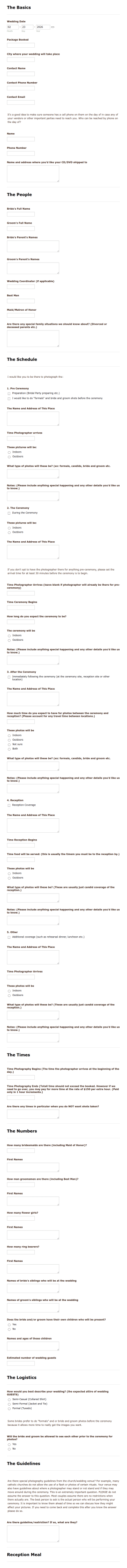 Wedding Event Plan Questionnaire Form Template