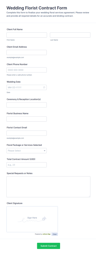 Wedding Florist Contract Form Template