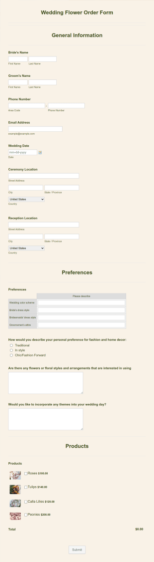 Wedding Flower Order Form Template