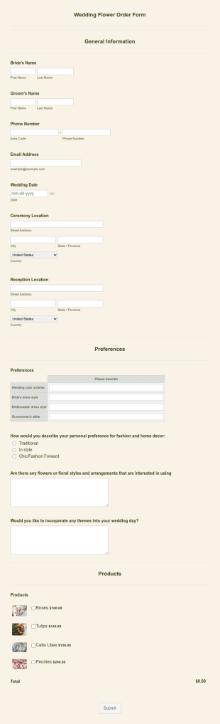 Wedding Flower Order Form Template