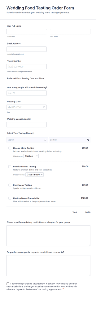 Wedding Food Tasting Order Form Template