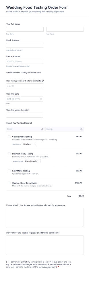 Wedding Food Tasting Order Form Template