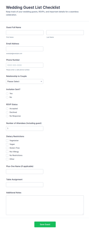 Wedding Guest List Checklist Form Template