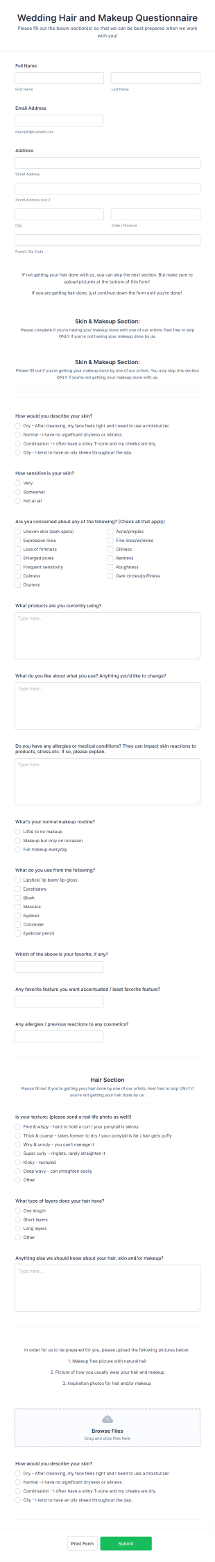 Wedding Hair And Makeup Questionnaire Form Template