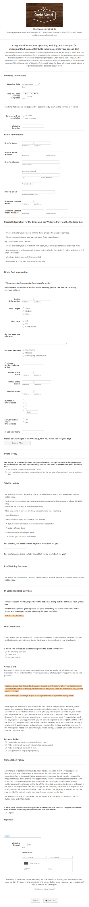 Wedding Hair & Makeup Service Order Form Template