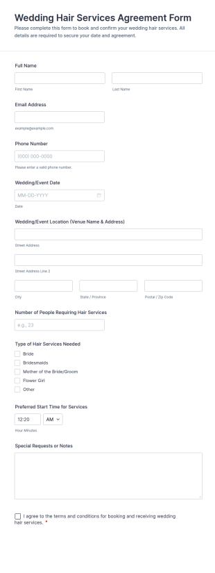 Wedding Hair Services Agreement Form Template