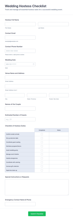 Wedding Hostess Checklist Form Template