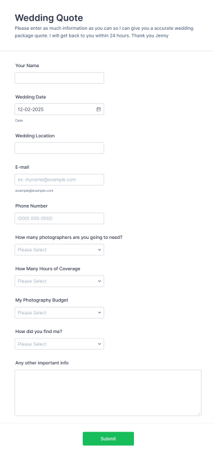 Wedding Quote Request Form Template