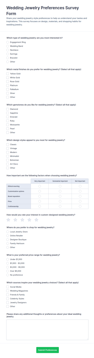 Wedding Jewelry Preferences Survey Form Template