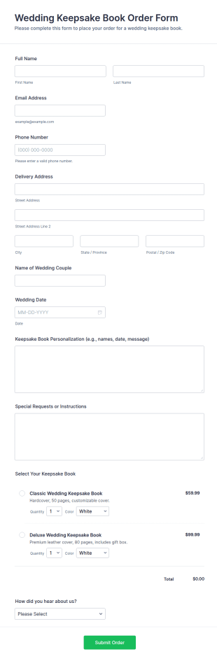 Wedding Keepsake Book Order Form Template