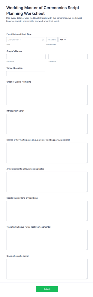 Wedding Master Of Ceremonies Script Planning Worksheet Form Template