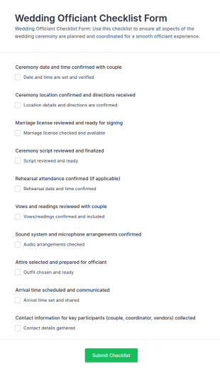 Wedding Officiant Checklist Form Template