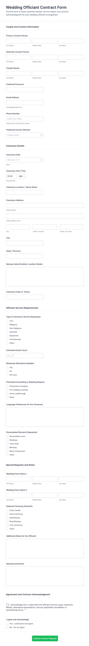 Wedding Officiant Contract Form Template