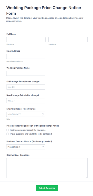 Wedding Package Price Change Notice Form Template
