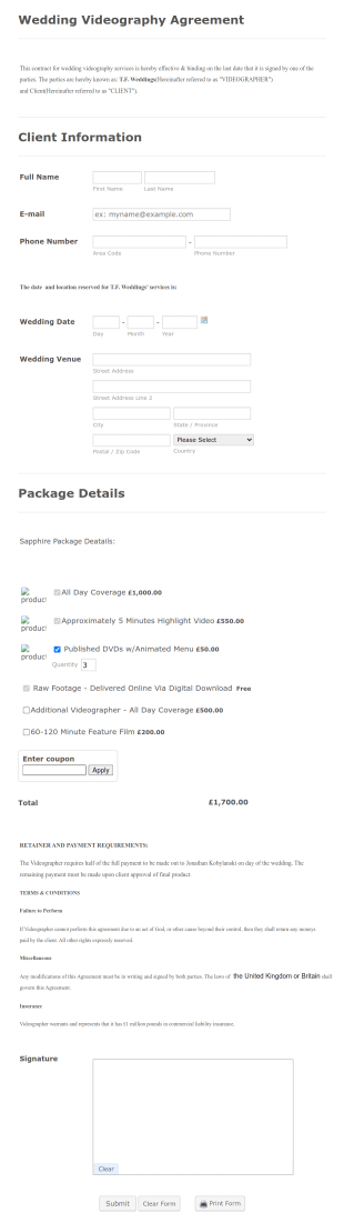Wedding Package With Price Change Form Template
