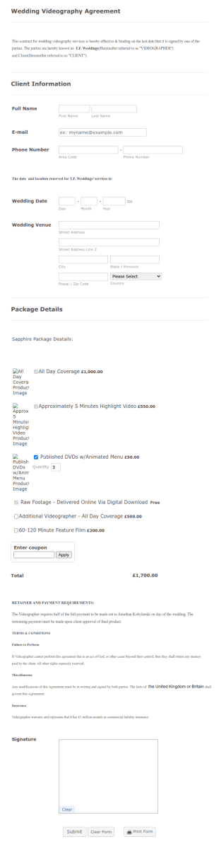 Wedding Package With Price Change Form Template