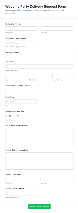 Wedding Party Delivery Request Form Template