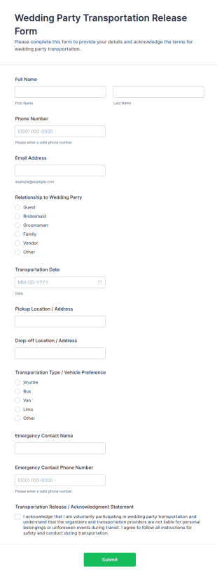 Wedding Party Transportation Release Form Template
