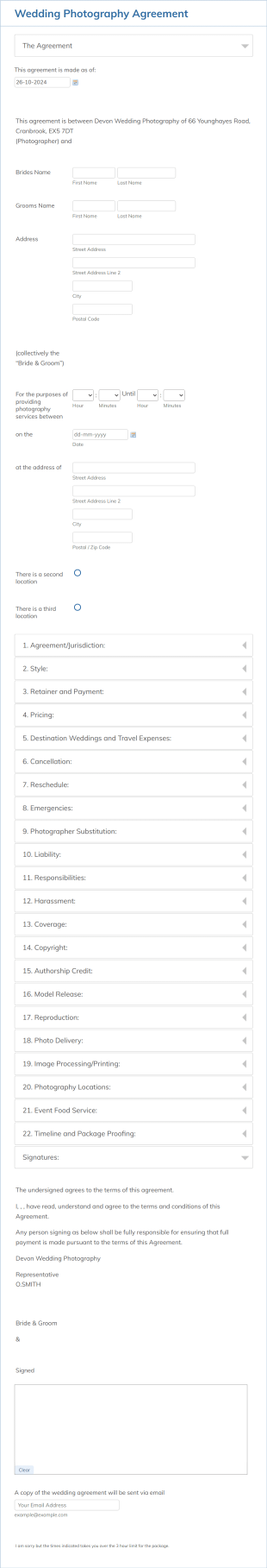 Wedding Photography Agreement Form Template