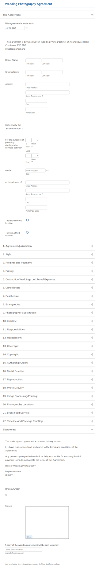 Wedding Photography Agreement Form Template
