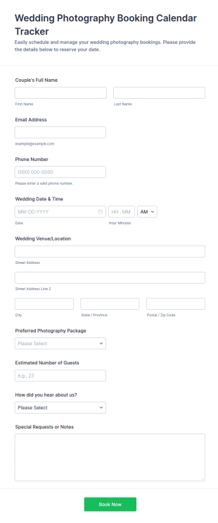 Wedding Photography Booking Calendar Tracker Form Template